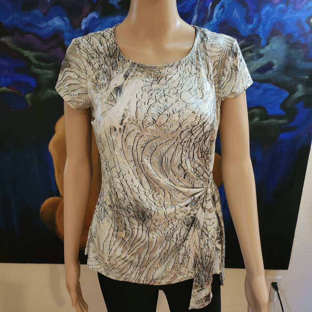 MSK, size S, scoop neck, short sleeve top, flowing, sequins, nuetral colors